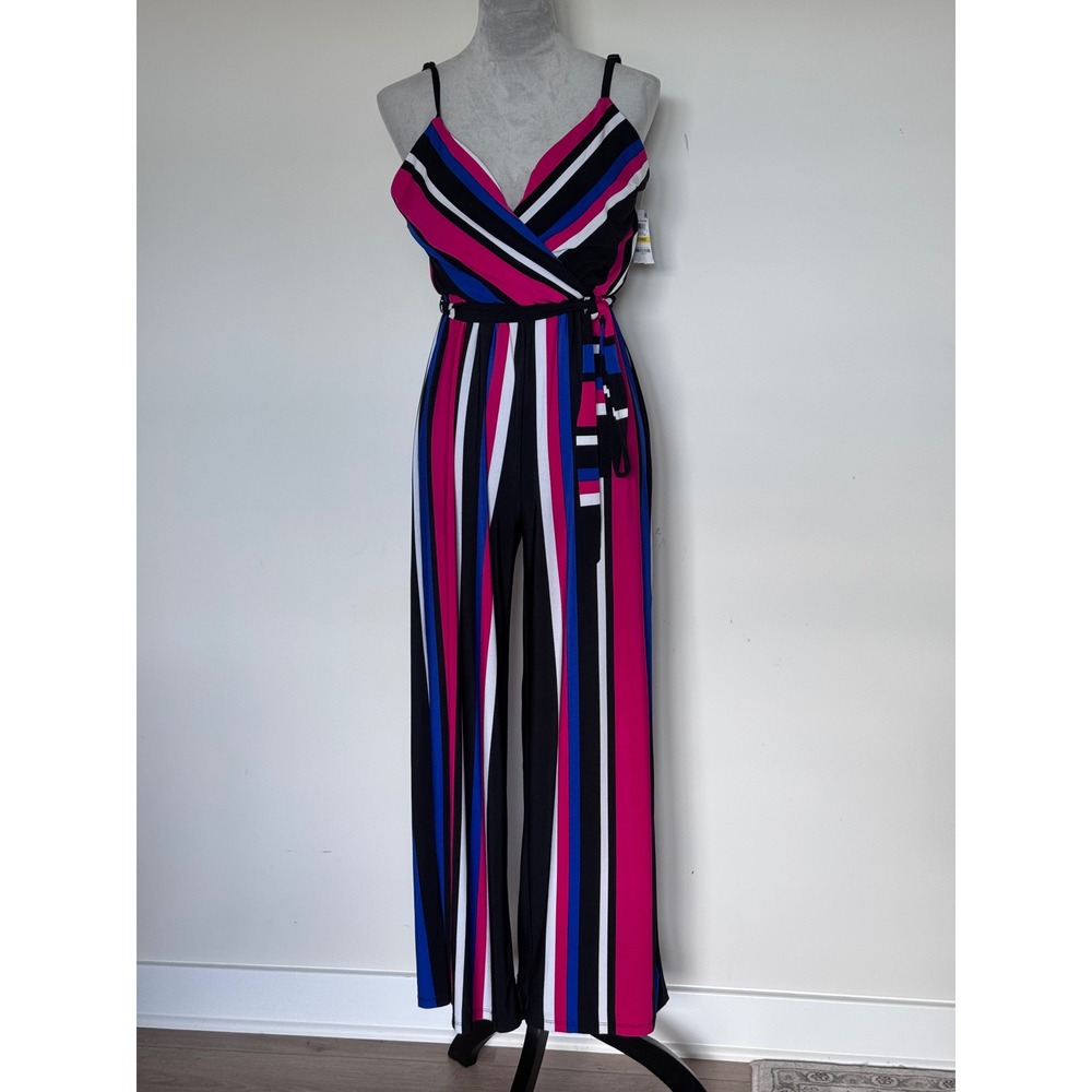 INC International Concepts Striped Wide Leg Jumpsuit Pink Blue Black PM NEW